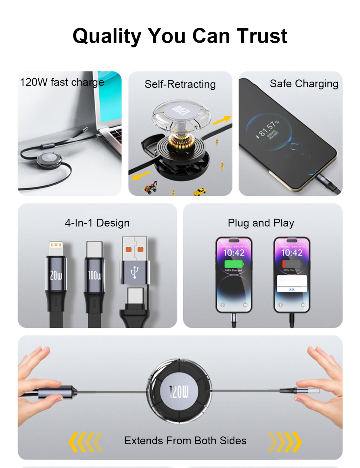 OneFish 120W Retractable 4-in-1 Charging Cable, USB-C to Lightning & Type-C Fast Charger for iPhone 15/14/13/12, Samsung Galaxy, Car Travel Home, 6 Colors | 100W PD + 27W | Tangle-Free Design, Surge Protection