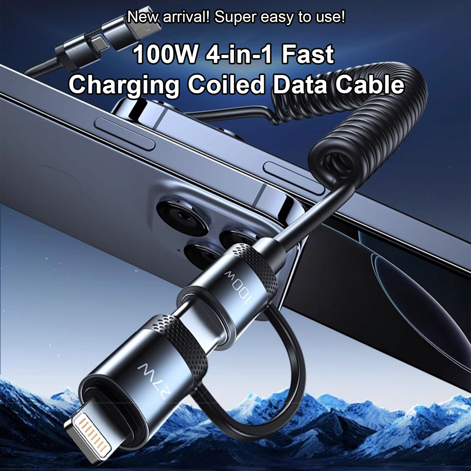 OneFish Coiled USB-C and Lightning Cable 4-in-1 Multi Charging Cable, 100W Fast Charging Retractable Cord for iPhone 16/15/14/13/12/11 Pro Max, iPad, MacBook, AirPods, CarPlay & More ,4FT