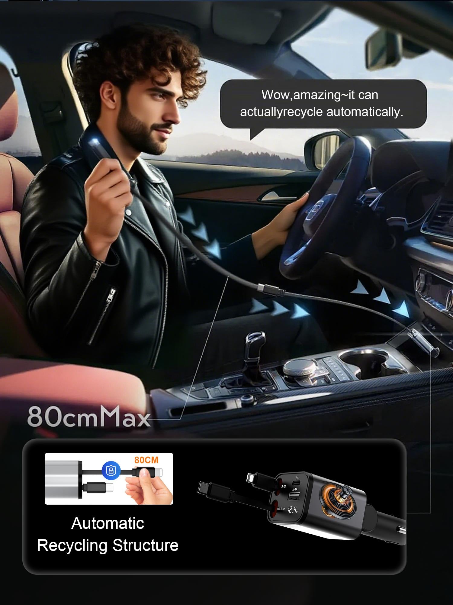 One Fish Screenpro 4-in-1 Retractable Car Charger 30W Fast Charging Cable with USB A & Type C Ports 180° Rotatable Design for iPhone iPad Samsung Google