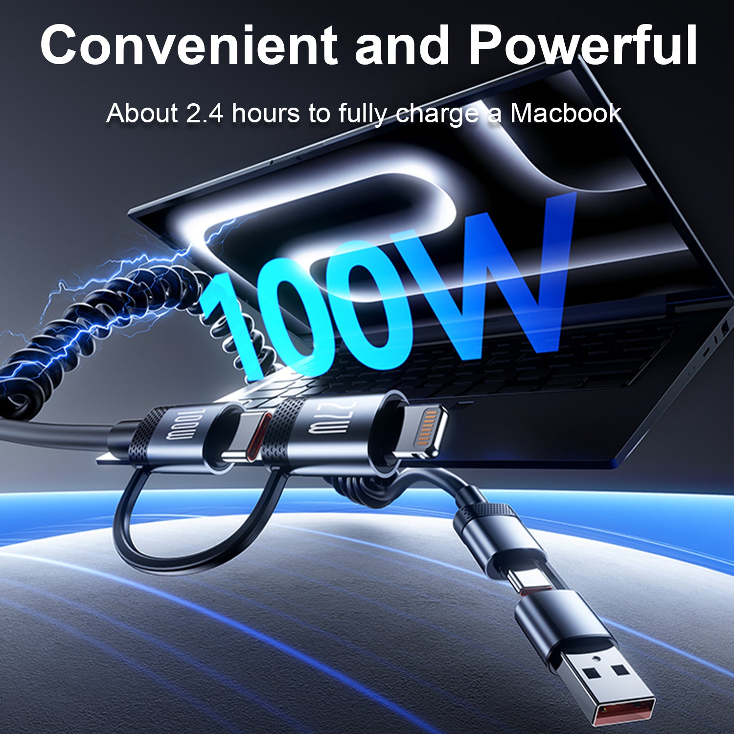 OneFish Coiled USB-C and Lightning Cable 4-in-1 Multi Charging Cable, 100W Fast Charging Retractable Cord for iPhone 16/15/14/13/12/11 Pro Max, iPad, MacBook, AirPods, CarPlay & More ,4FT