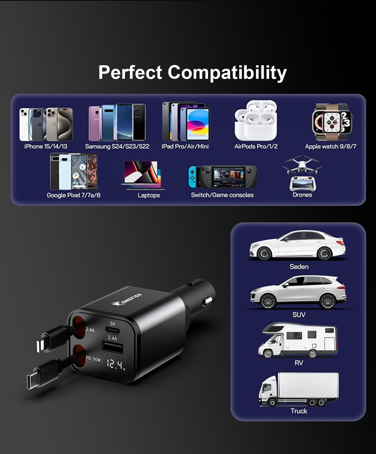 One Fish Screenpro 4-in-1 Retractable Car Charger 30W Fast Charging Cable with USB A & Type C Ports 180° Rotatable Design for iPhone iPad Samsung Google