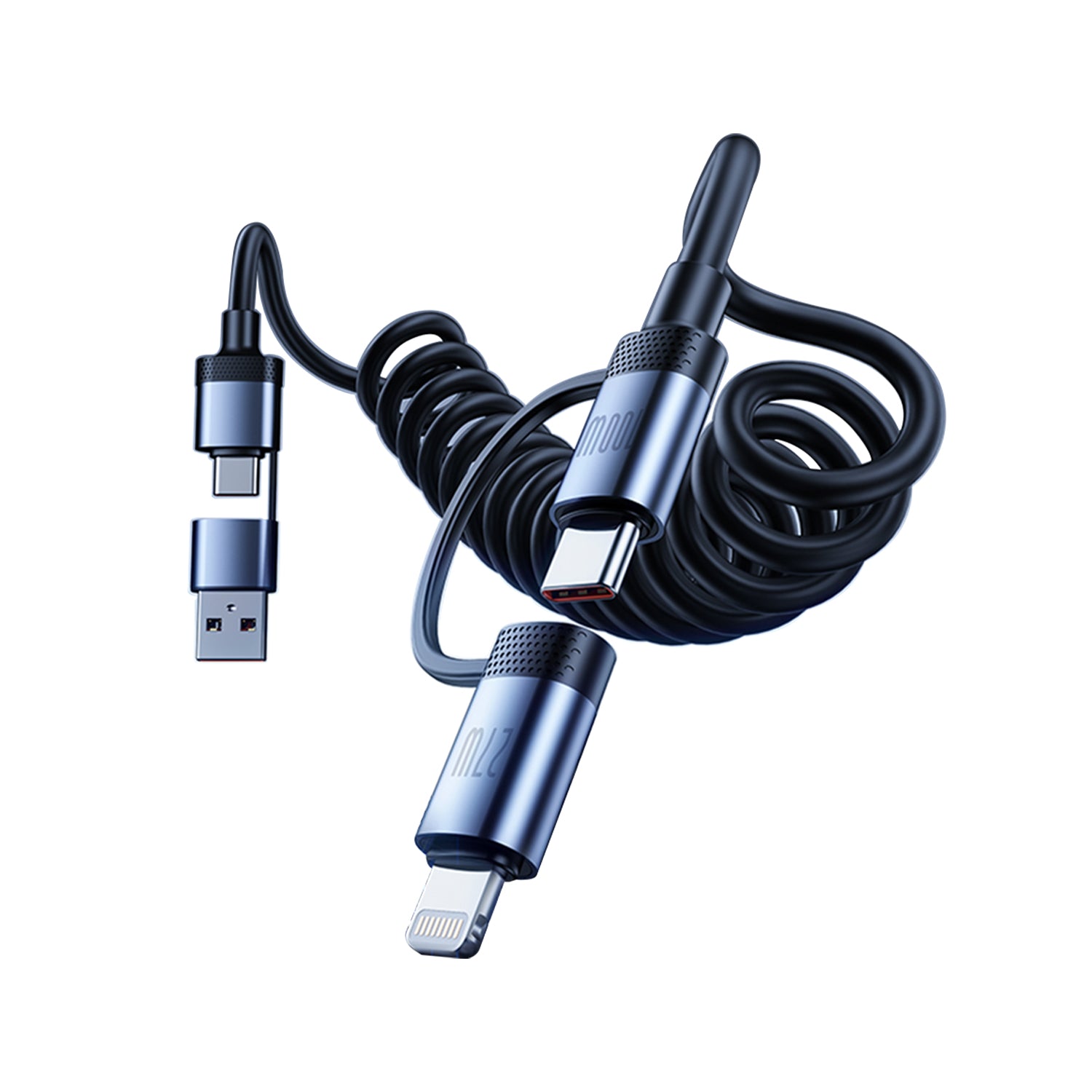 OneFish Coiled USB-C and Lightning Cable 4-in-1 Multi Charging Cable, 100W Fast Charging Retractable Cord for iPhone 16/15/14/13/12/11 Pro Max, iPad, MacBook, AirPods, CarPlay & More ,4FT