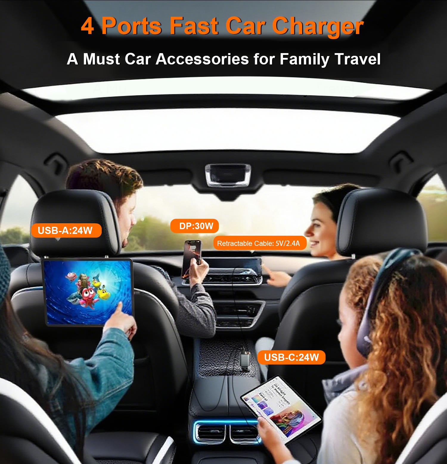 One Fish Starlight In Roof, 4-in-1 Retractable Car Charger,Red Starry Sky Ceiling,30W Fast charging Cablewith USB A, Type C, Automotive car charger led light Vehicle.