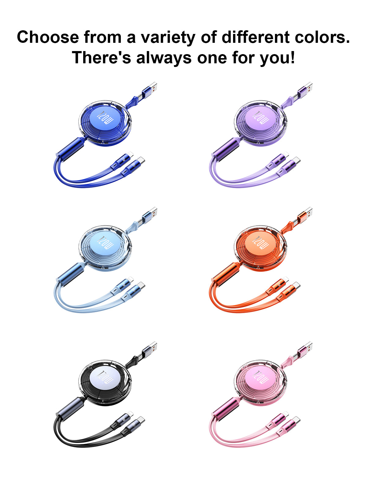 OneFish 120W Retractable 4-in-1 Charging Cable, USB-C to Lightning & Type-C Fast Charger for iPhone 15/14/13/12, Samsung Galaxy, Car Travel Home, 6 Colors | 100W PD + 27W | Tangle-Free Design, Surge Protection