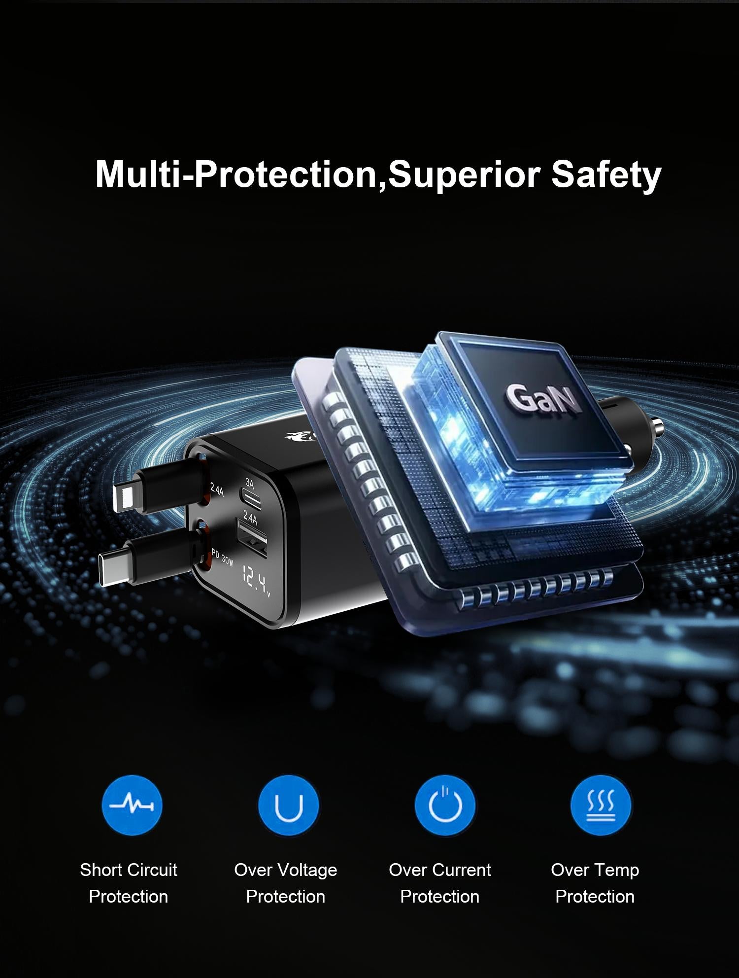 One Fish Screenpro 4-in-1 Retractable Car Charger 30W Fast Charging Cable with USB A & Type C Ports 180° Rotatable Design for iPhone iPad Samsung Google