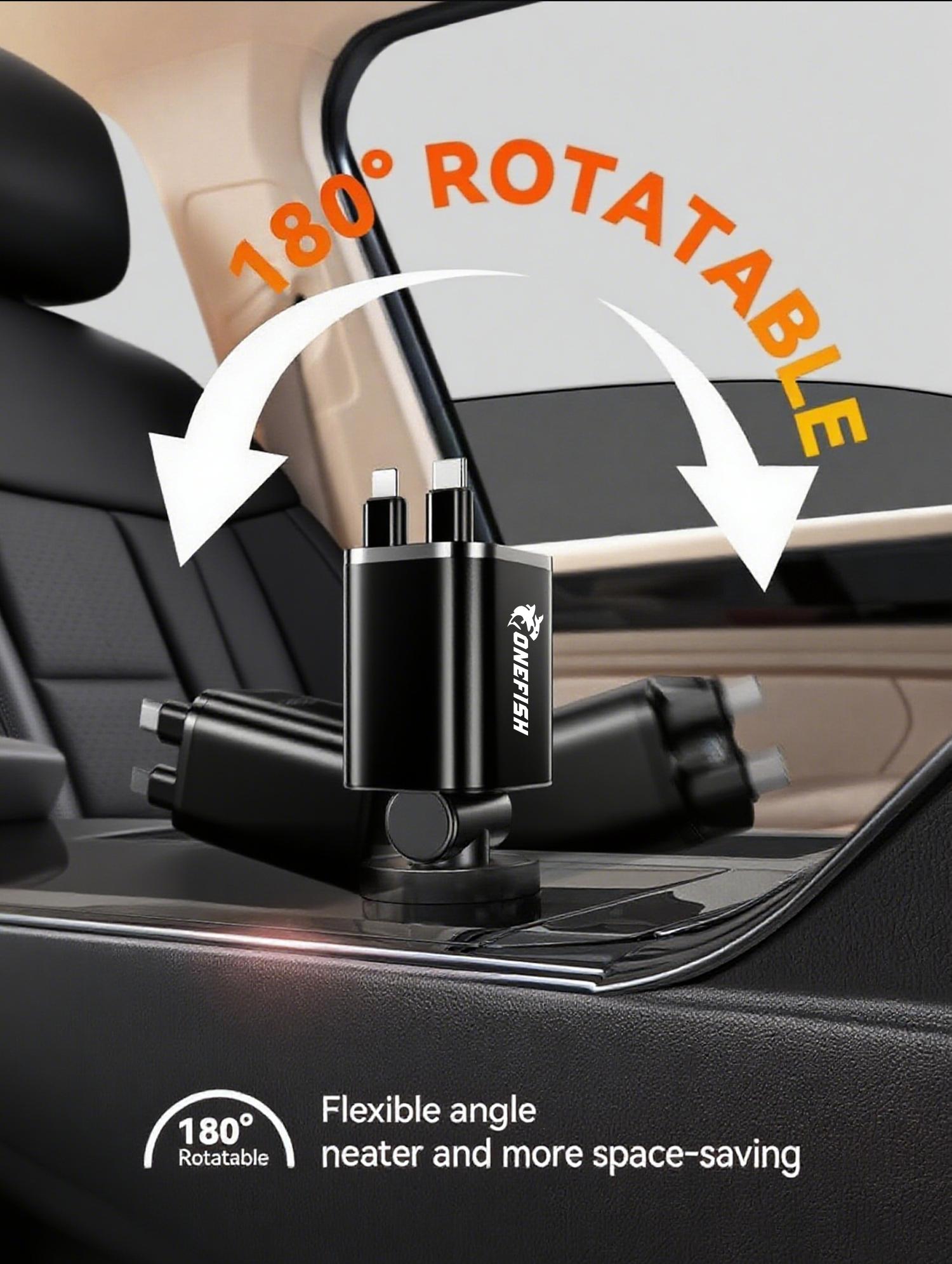 One Fish Screenpro 4-in-1 Retractable Car Charger 30W Fast Charging Cable with USB A & Type C Ports 180° Rotatable Design for iPhone iPad Samsung Google