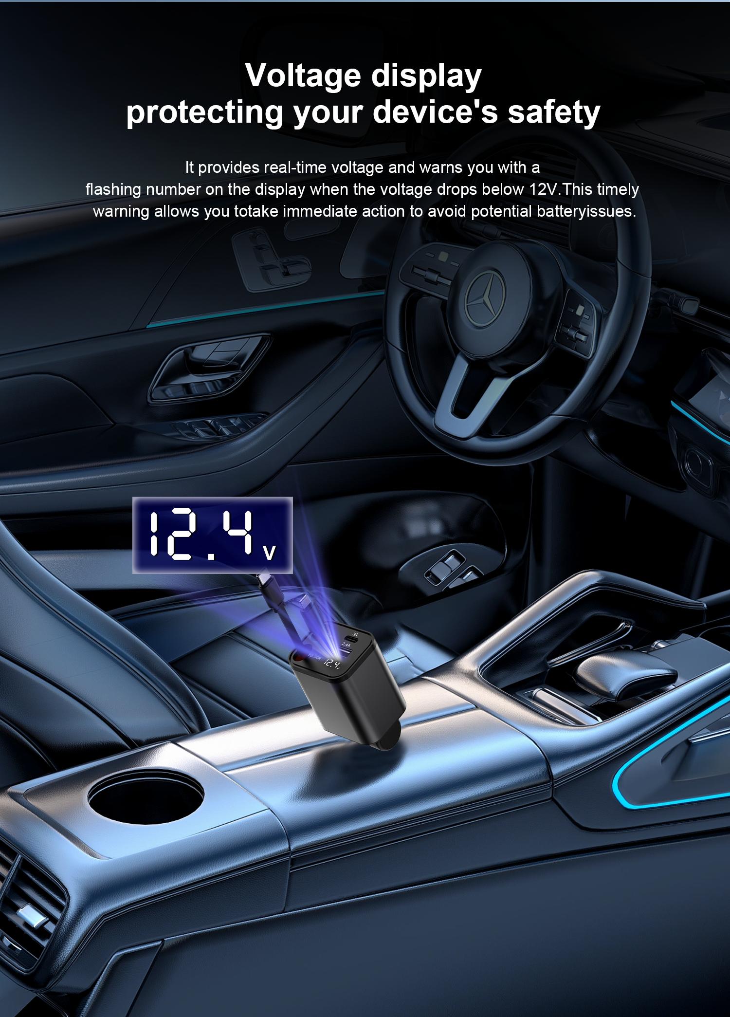 One Fish Screenpro 4-in-1 Retractable Car Charger 30W Fast Charging Cable with USB A & Type C Ports 180° Rotatable Design for iPhone iPad Samsung Google