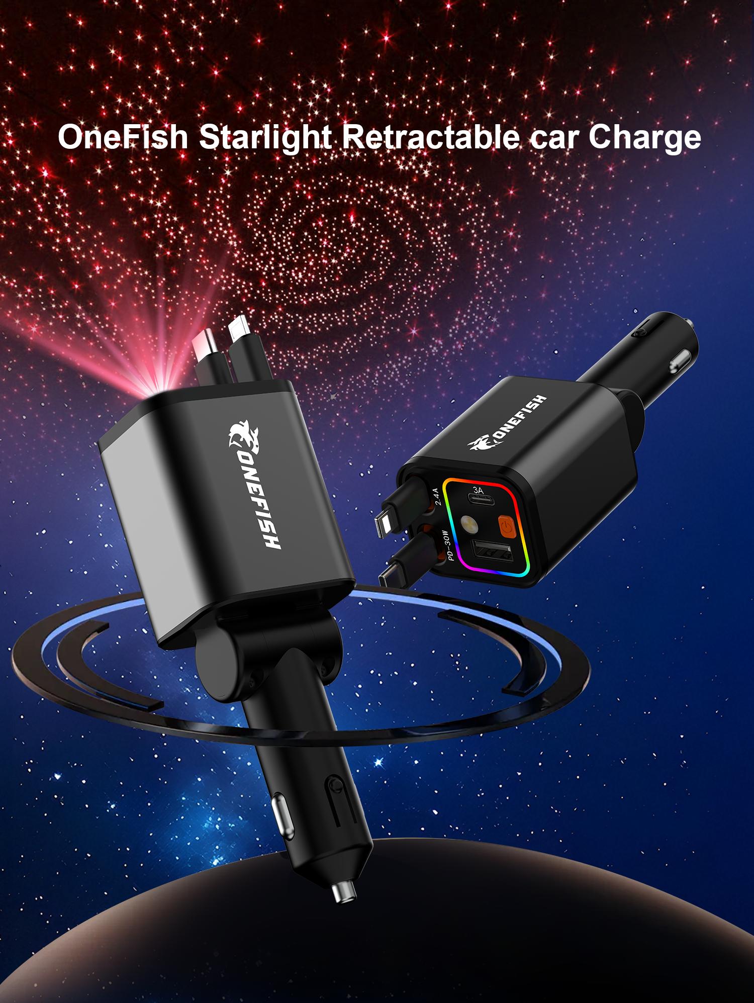 One Fish Starlight In Roof, 4-in-1 Retractable Car Charger,Red Starry Sky Ceiling,30W Fast charging Cablewith USB A, Type C, Automotive car charger led light Vehicle.