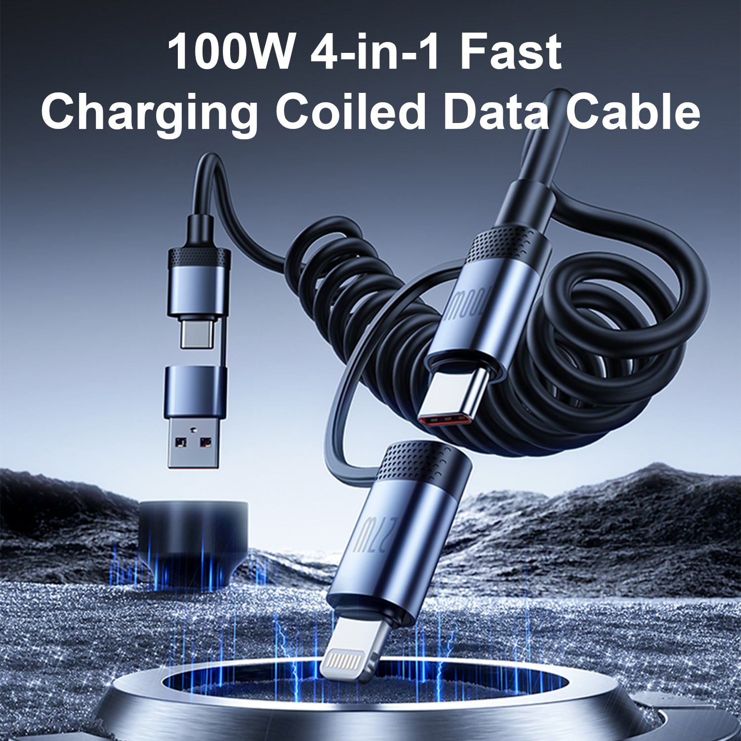 OneFish Coiled USB-C and Lightning Cable 4-in-1 Multi Charging Cable, 100W Fast Charging Retractable Cord for iPhone 16/15/14/13/12/11 Pro Max, iPad, MacBook, AirPods, CarPlay & More ，5FT