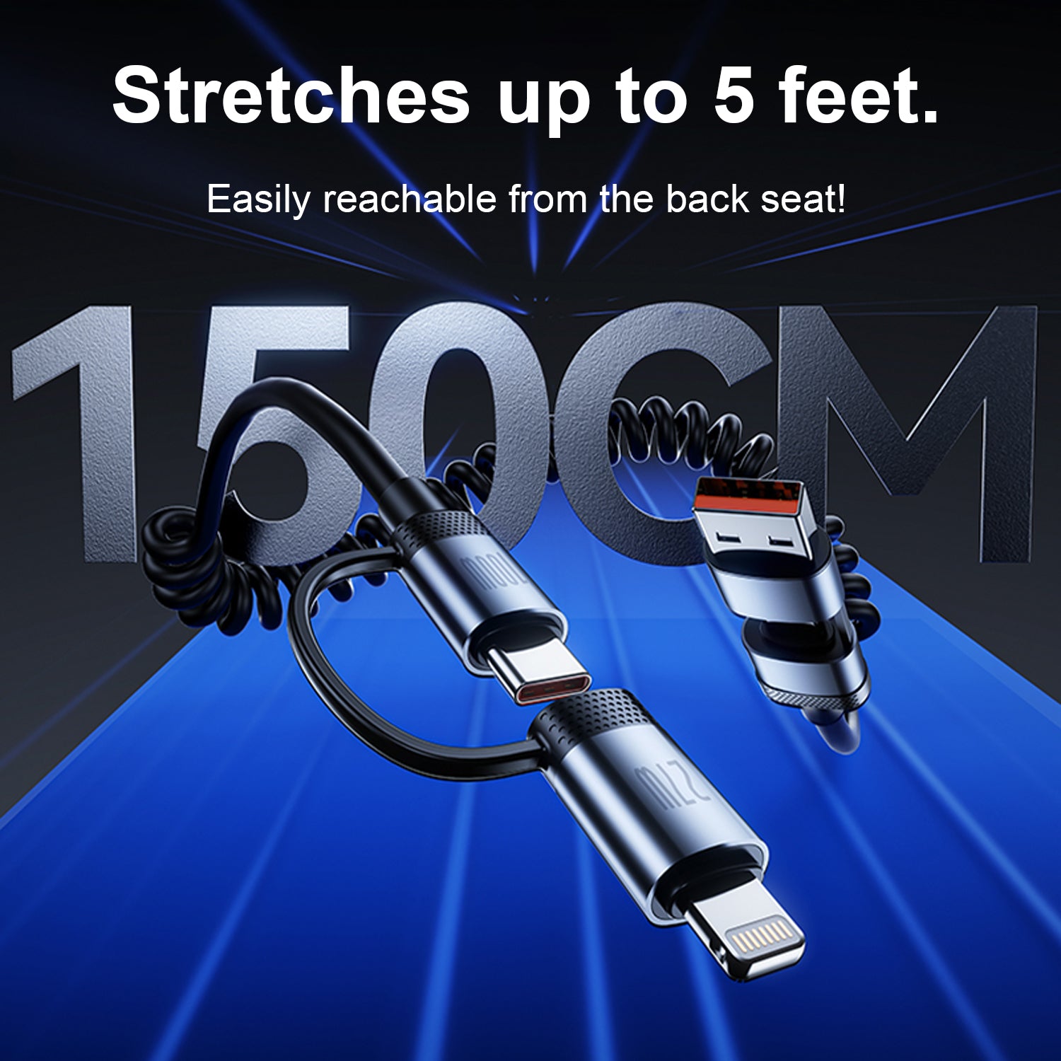 OneFish Coiled USB-C and Lightning Cable 4-in-1 Multi Charging Cable, 100W Fast Charging Retractable Cord for iPhone 16/15/14/13/12/11 Pro Max, iPad, MacBook, AirPods, CarPlay & More ，5FT