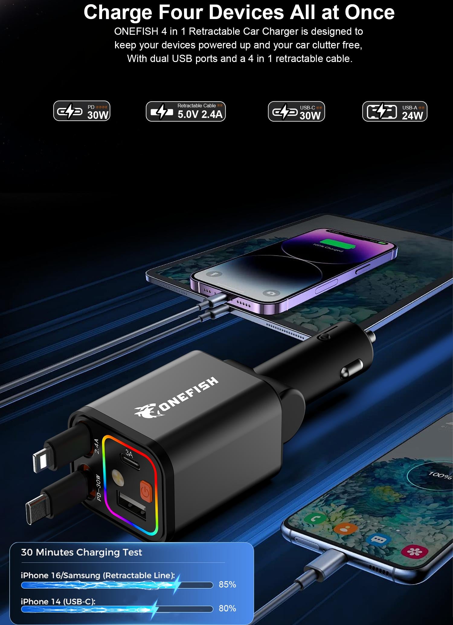 One Fish Starlight In Roof, 4-in-1 Retractable Car Charger,Red Starry Sky Ceiling,30W Fast charging Cablewith USB A, Type C, Automotive car charger led light Vehicle.