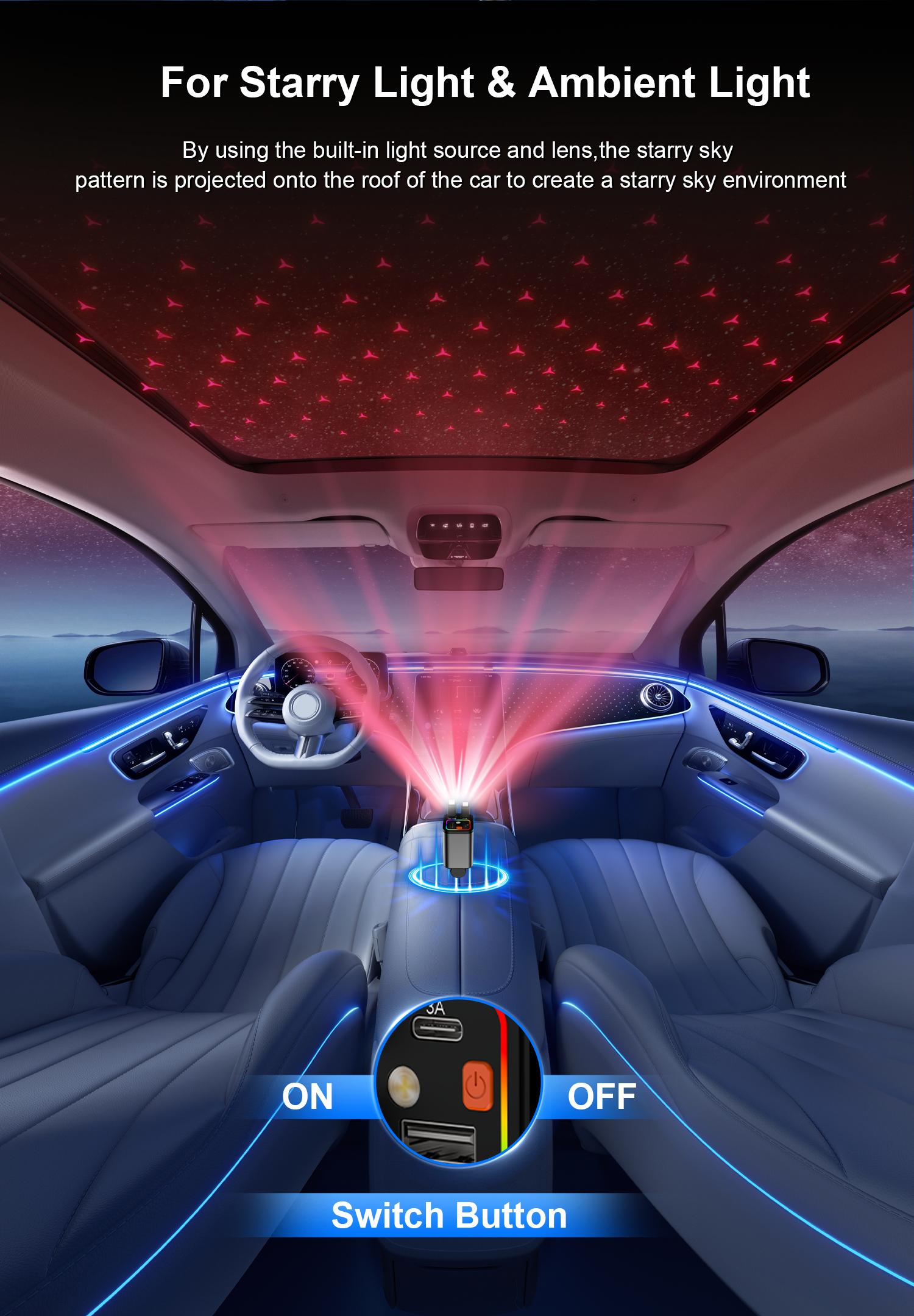One Fish Starlight In Roof, 4-in-1 Retractable Car Charger,Red Starry Sky Ceiling,30W Fast charging Cablewith USB A, Type C, Automotive car charger led light Vehicle.
