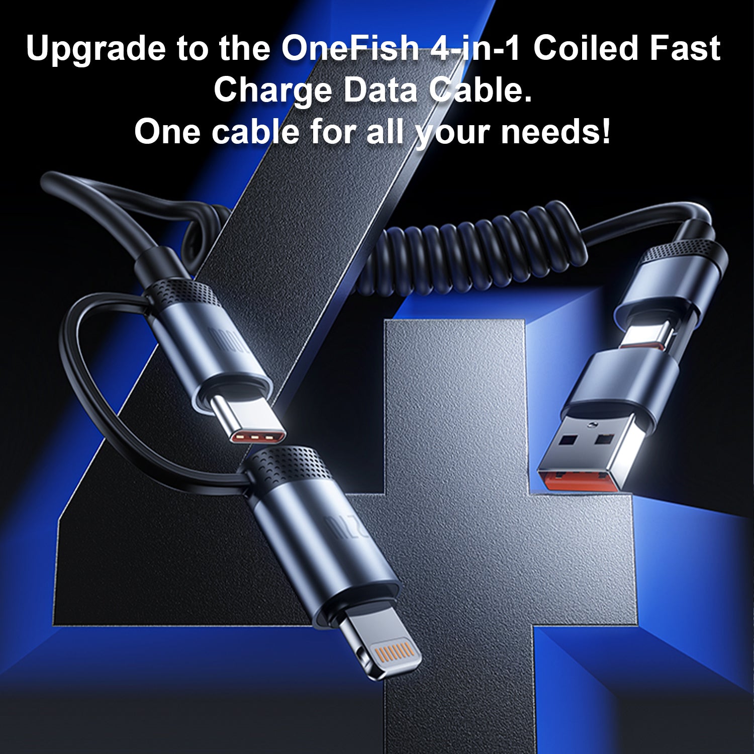 OneFish Coiled USB-C and Lightning Cable 4-in-1 Multi Charging Cable, 100W Fast Charging Retractable Cord for iPhone 16/15/14/13/12/11 Pro Max, iPad, MacBook, AirPods, CarPlay & More ，5FT
