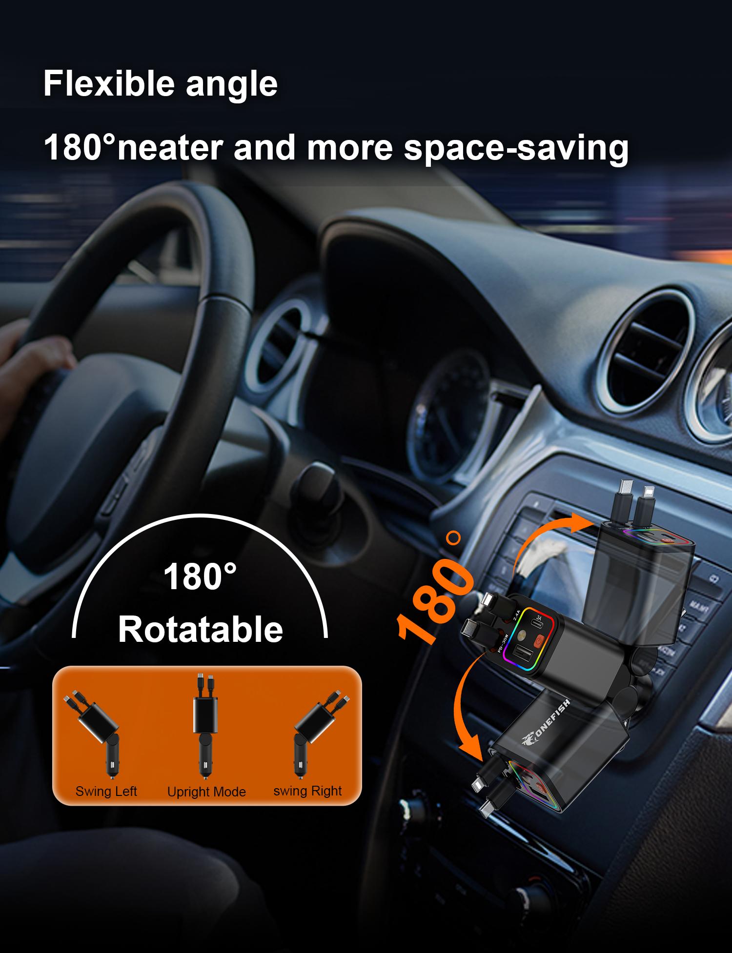One Fish Starlight In Roof, 4-in-1 Retractable Car Charger,Red Starry Sky Ceiling,30W Fast charging Cablewith USB A, Type C, Automotive car charger led light Vehicle.