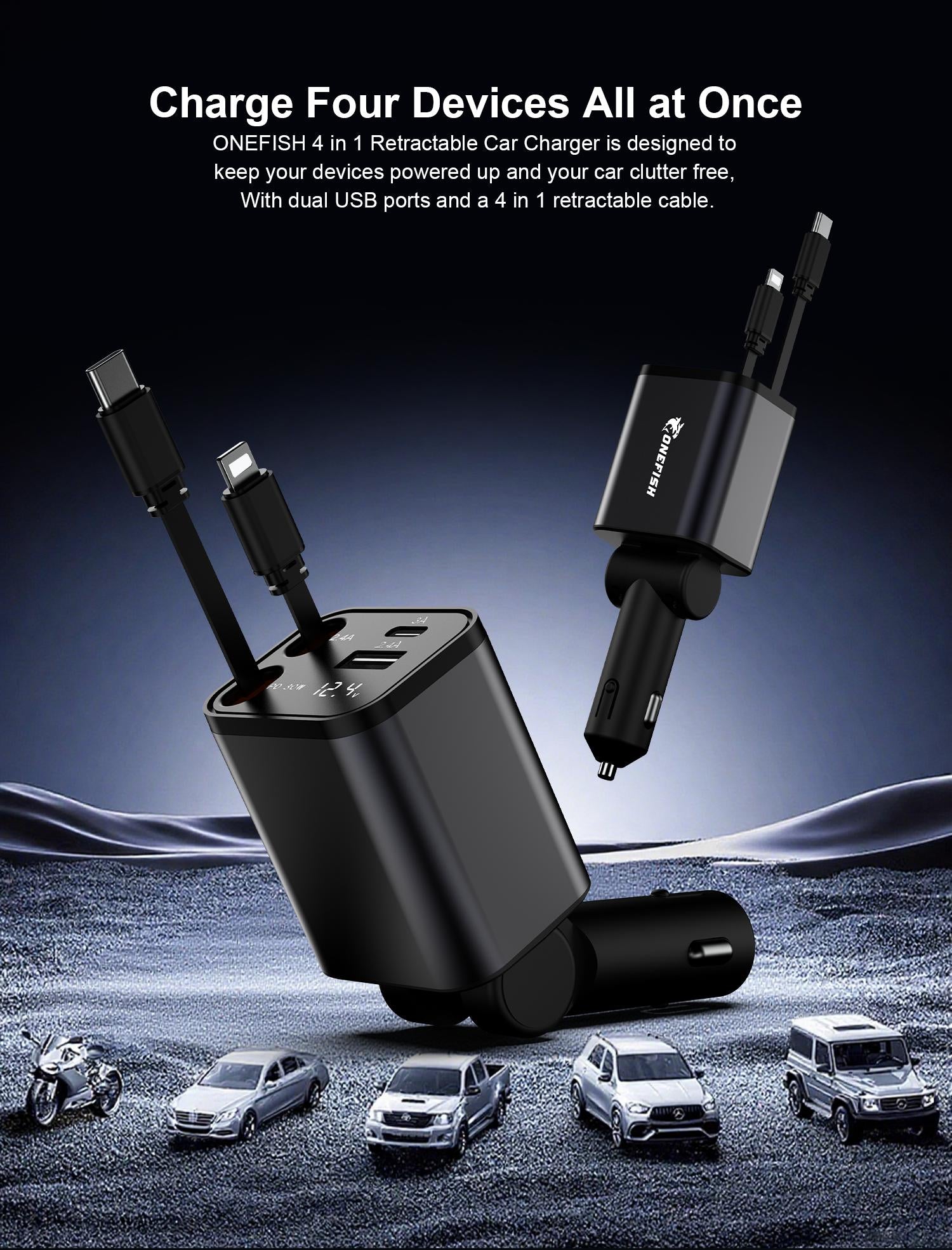 One Fish Screenpro 4-in-1 Retractable Car Charger 30W Fast Charging Cable with USB A & Type C Ports 180° Rotatable Design for iPhone iPad Samsung Google